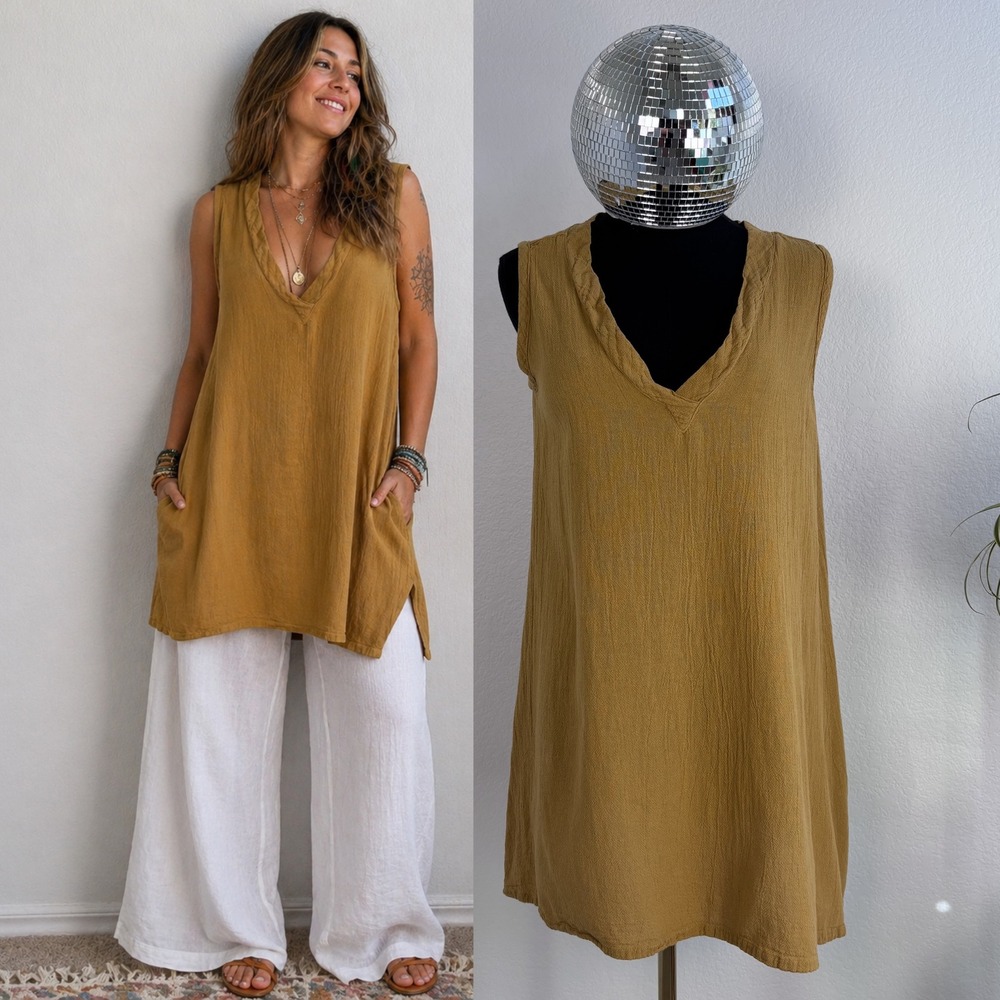 Cecilia Nathal 100% Cotton Crinkle Gauze V-Neck Tunic Top, Medium Mustard Yellow